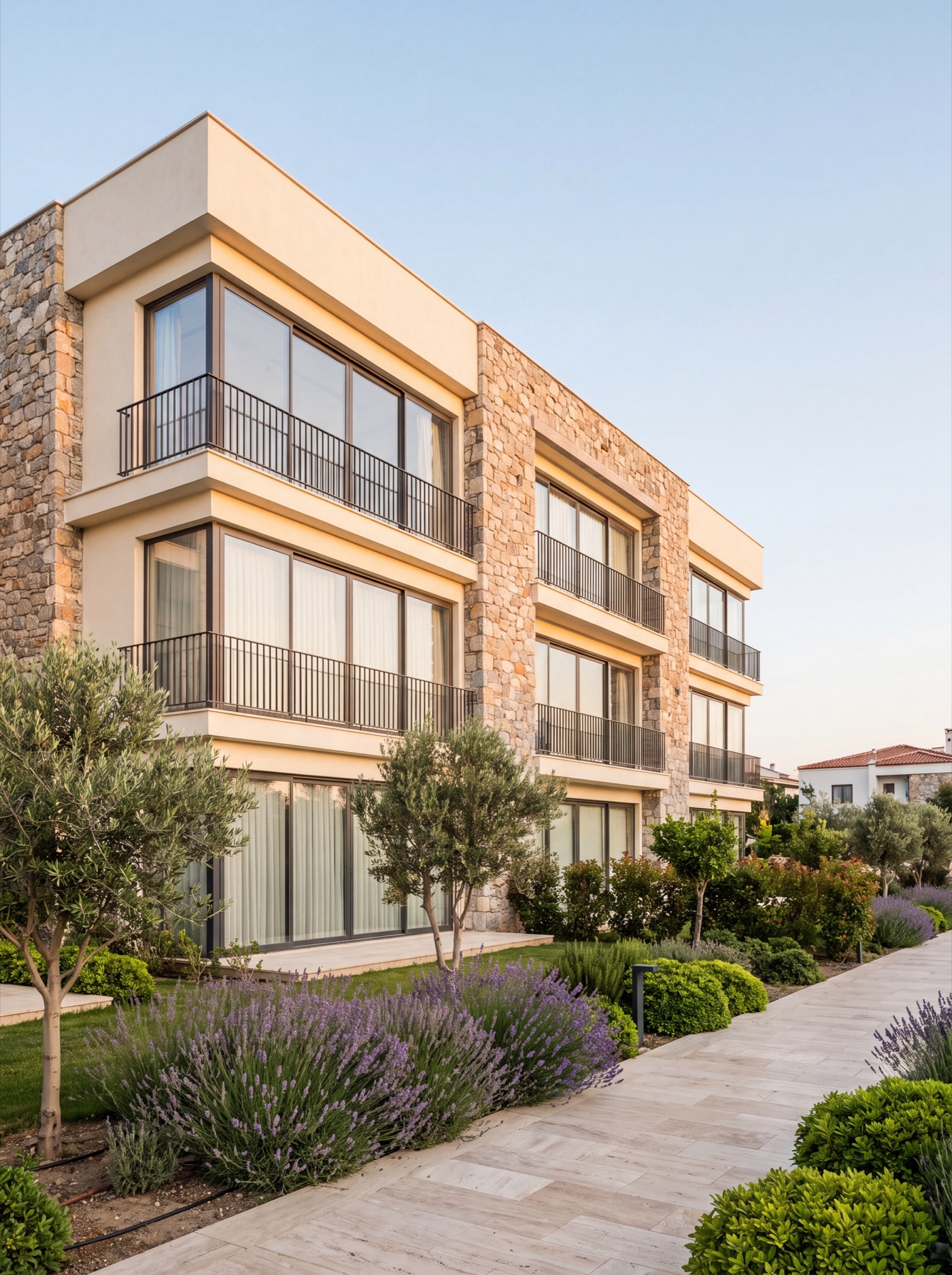 Burhaniye'de doğal taş ve krem cepheli, zeytin ağaçlı bahçeye sahip modern apartman binası